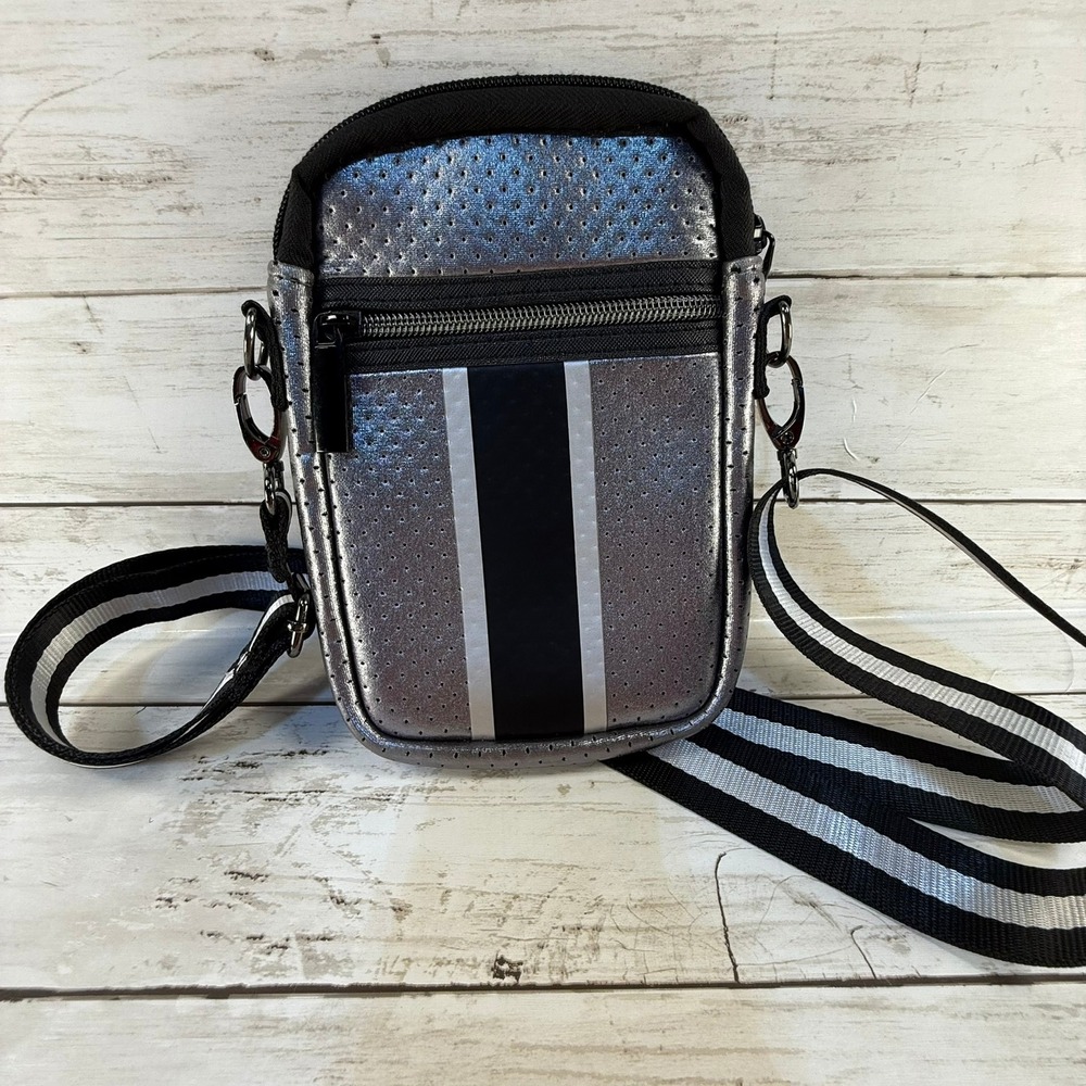 Haute Shore Metallic Silver Neoprene Crossbody Bag Stripe Guitar Strap Messenger